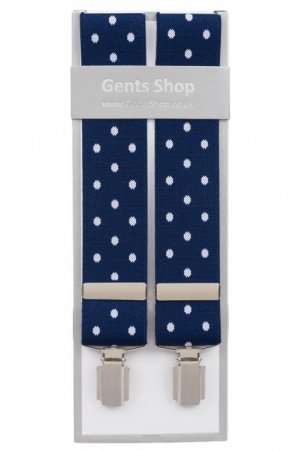 Blue Trouser Braces with Large White Polka Dots